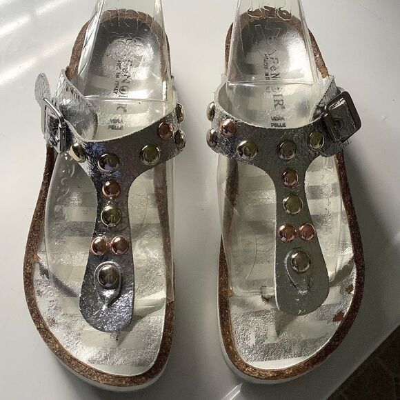 𝅺cafenoir MADE IN ITALY SILVER METALLIC GENUINE LEATHER WOMAN THONG SANDALS‌ - Picture 1 of 15